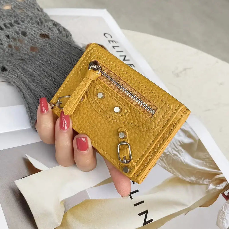 Women Short Wallets Cow Leather Trifold Purse with Rivet Decor