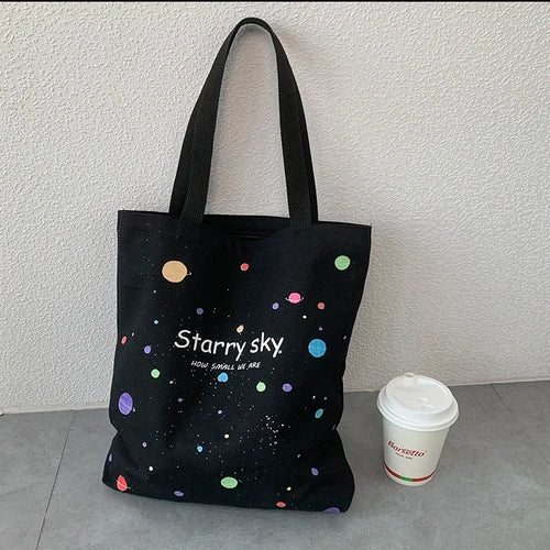 Starry Sky Canvas Tote Bag with Zipper, Large Capacity Handbag