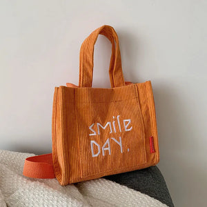 Corduroy Mini Shoulder Bag with Embroidery - Cute Top Handle Tote Handbag