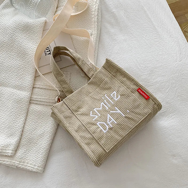 Corduroy Mini Shoulder Bag with Embroidery - Cute Top Handle Tote Handbag