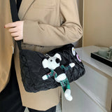 Women Shoulder Bag Cotton Padded Messenger Bag with Bear Pendant