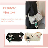 Women Shoulder Bag Cotton Padded Messenger Bag with Bear Pendant