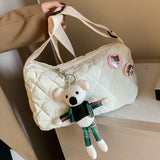 Women Shoulder Bag Cotton Padded Messenger Bag with Bear Pendant