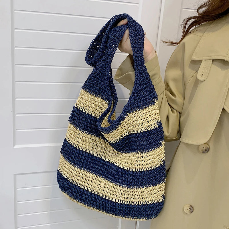Women Shoulder Bag Straw Weave Casual Travel Tote Hollow Striped Large Capacity