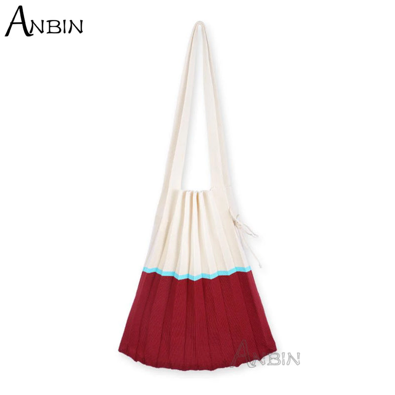 Women Shoulder Bag Knitted Colour Blocking Pleated Handbag