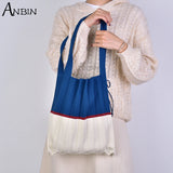 Women Shoulder Bag Knitted Colour Blocking Pleated Handbag