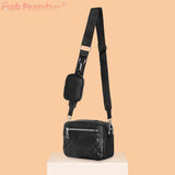 Leather Shoulder Tote Bag Rhombus Pattern Zipper with Small Purse