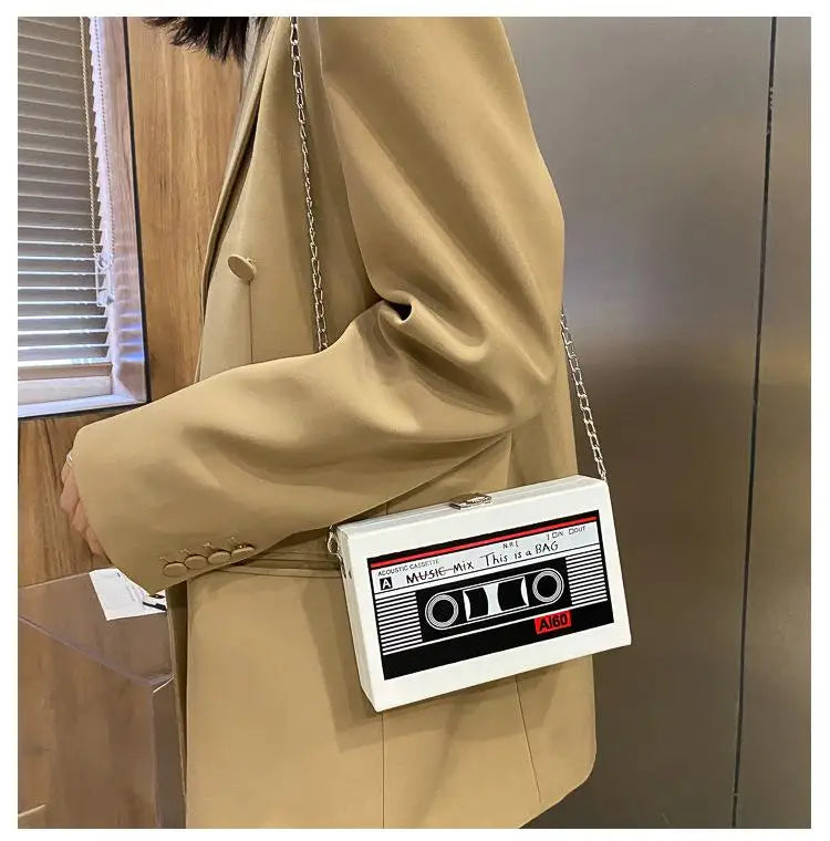 Funny Cartoon Tape Recorder Shoulder Bag PU Leather Crossbody Clutch
