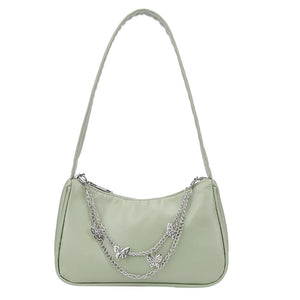 Women PU Leather Shoulder Bag Solid Butterfly Chain Zipper Closure Casual Tote