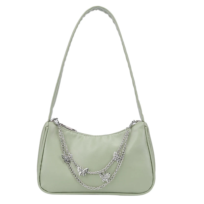 Women PU Leather Shoulder Bag Solid Butterfly Chain Zipper Closure Casual Tote