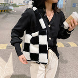 Plush Lattice Print Shoulder Bag for Women