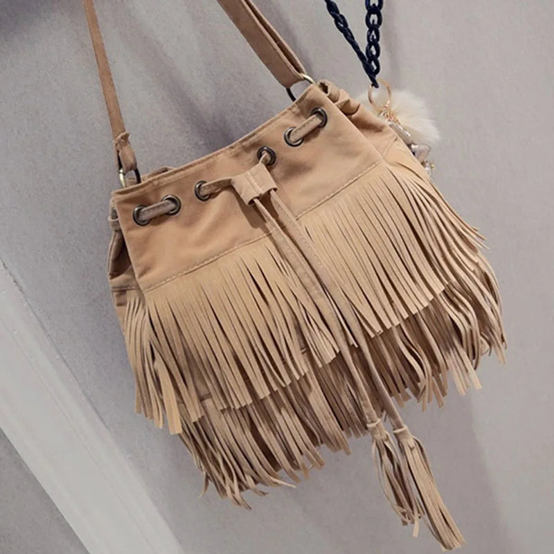 Women Shoulder Bag Solid Tassels Cross Body Bag Tassel Fringe Handbag