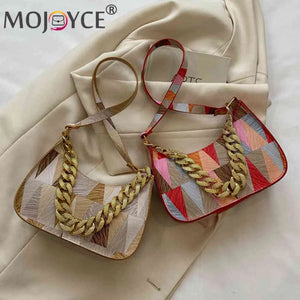 Colorful Triangle Printed Shoulder Bag with Thick Chain for Travel