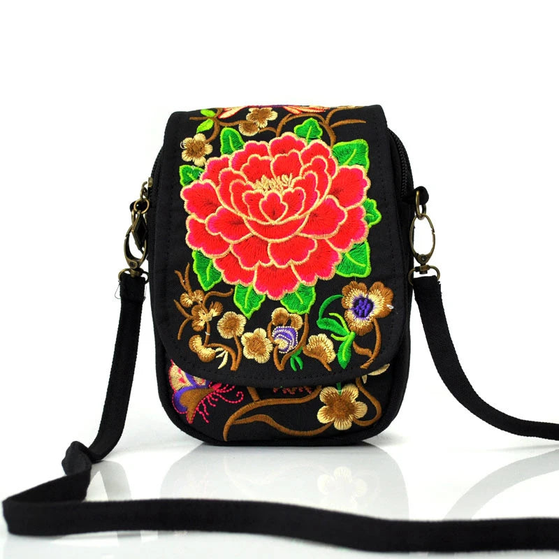 Women Shoulder Bag Vintage Floral Embroidered Crossbody Zip Bag