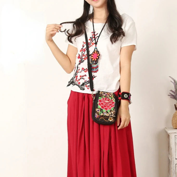 Women Shoulder Bag Vintage Floral Embroidered Crossbody Zip Bag
