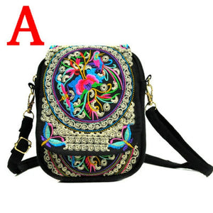 Vintage Floral Embroidered Crossbody Zip Bag