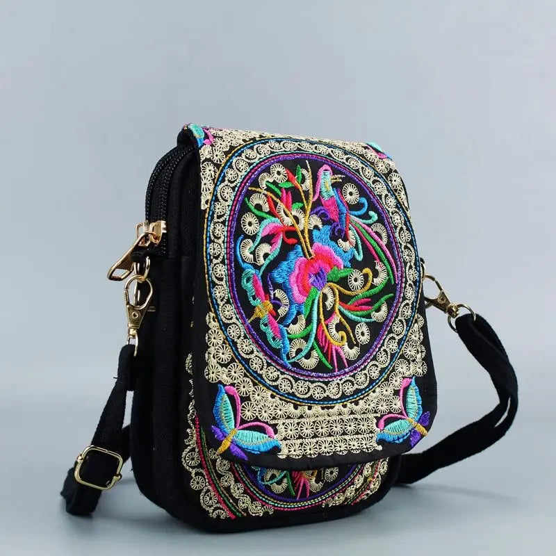 Vintage Floral Embroidered Crossbody Zip Bag