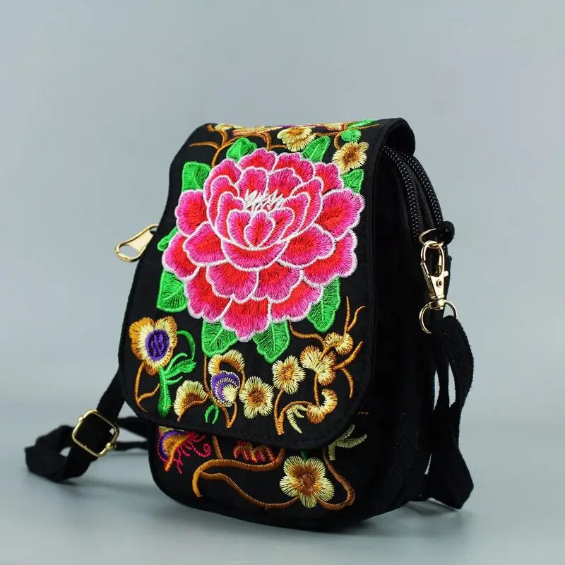 Vintage Floral Embroidered Crossbody Zip Bag