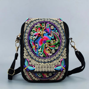 Vintage Embroidered Crossbody Zip Bag, Women Shoulder Bag