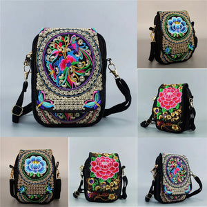 Vintage Embroidered Crossbody Zip Bag, Women Shoulder Bag
