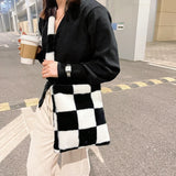 Plush Checkered Crossbody Bag for Shopping