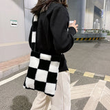 Plush Checkered Crossbody Bag for Shopping