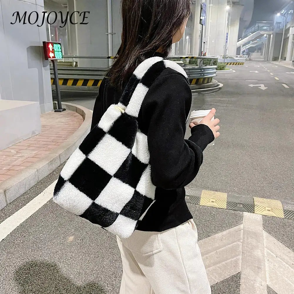 Vintage Plush Checkered Print Shoulder Bag