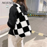 Vintage Plush Checkered Print Shoulder Bag