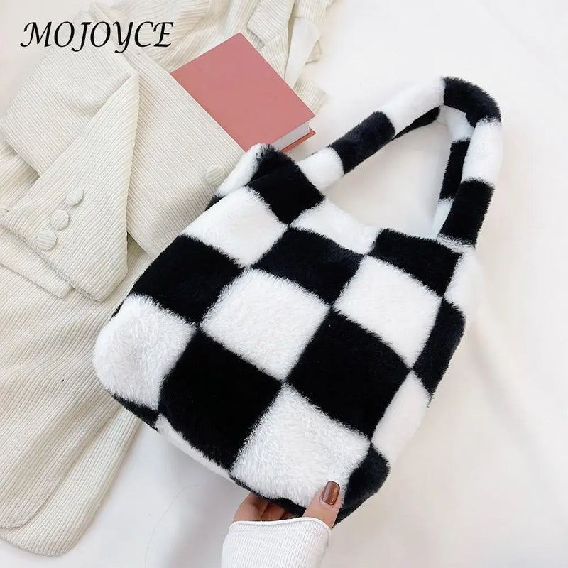 Vintage Plush Checkered Print Shoulder Bag