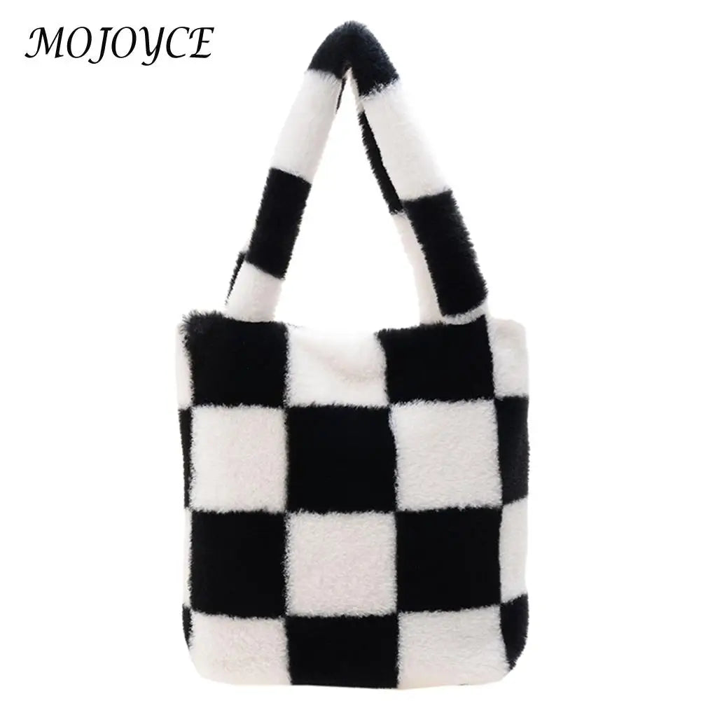 Vintage Plush Checkered Print Shoulder Bag