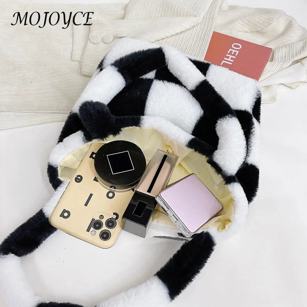Vintage Plush Checkered Print Shoulder Bag
