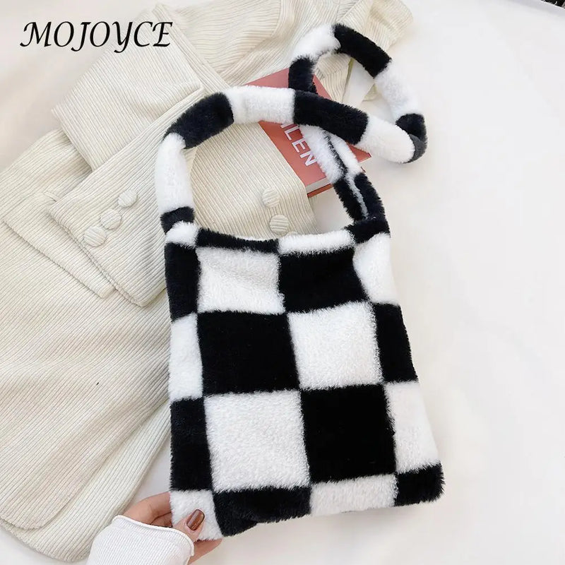 Plush Lattice Print Crossbody Bag for Winter