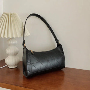 PU Leather Lattice Crescent Shoulder Bag Embroidered Thread Handbag