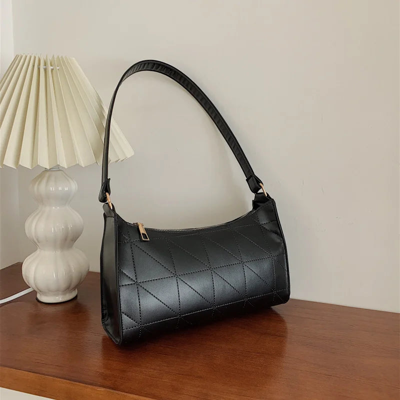 PU Leather Lattice Crescent Shoulder Bag Embroidered Thread Handbag