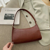 Women Shoulder Bag Zipper PU Leather Lattice Crescent Handbag Embroidery Thread