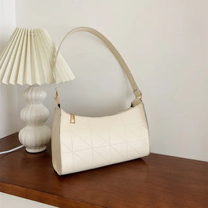 Women Shoulder Bag PU Leather Lattice Handbag Embroidery Underarm Bag