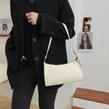 Women Shoulder Bag Zipper PU Leather Lattice Crescent Handbag Embroidery Thread