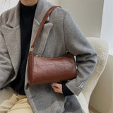 Women Shoulder Bag PU Leather Lattice Handbag Embroidery Underarm Bag