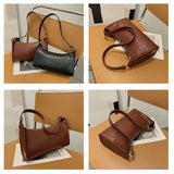 Women Shoulder Bag Zipper PU Leather Lattice Crescent Handbag Embroidery Thread