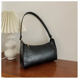 Women Shoulder Bag Zipper PU Leather Lattice Crescent Handbag Embroidery Thread