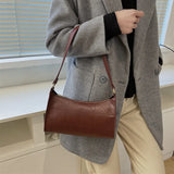 Women Shoulder Bag Zipper PU Leather Lattice Crescent Handbag Embroidery Thread