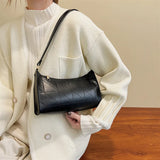 Women Shoulder Bag Zipper PU Leather Lattice Crescent Handbag Embroidery Thread