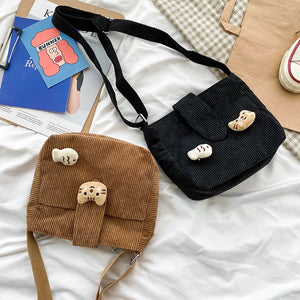 Corduroy Shopper Bags Girl Cat Doll Mini Crossbody Bags