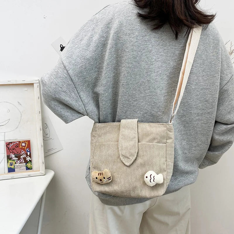 Corduroy Shopper Bags Girl Cat Doll Mini Crossbody Bags