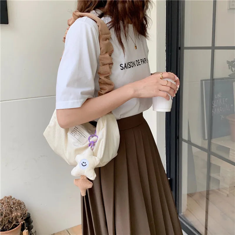 Corduroy Shopper Bag Sweet Frilled Shoulder Strap Hobo Bag