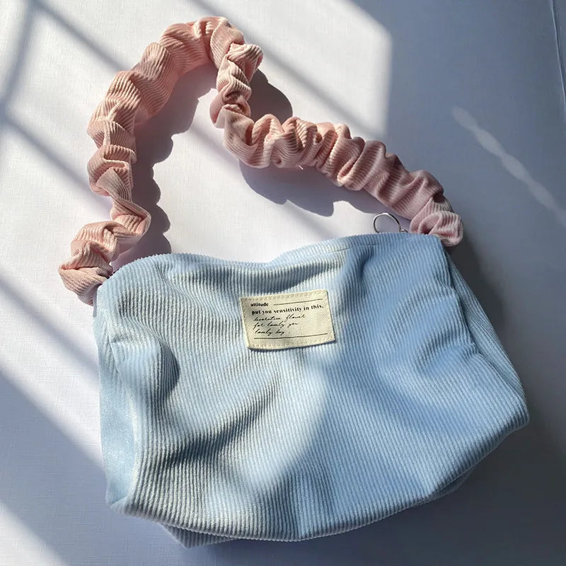 Corduroy Shopper Bag Sweet Frilled Shoulder Strap Hobo Bag