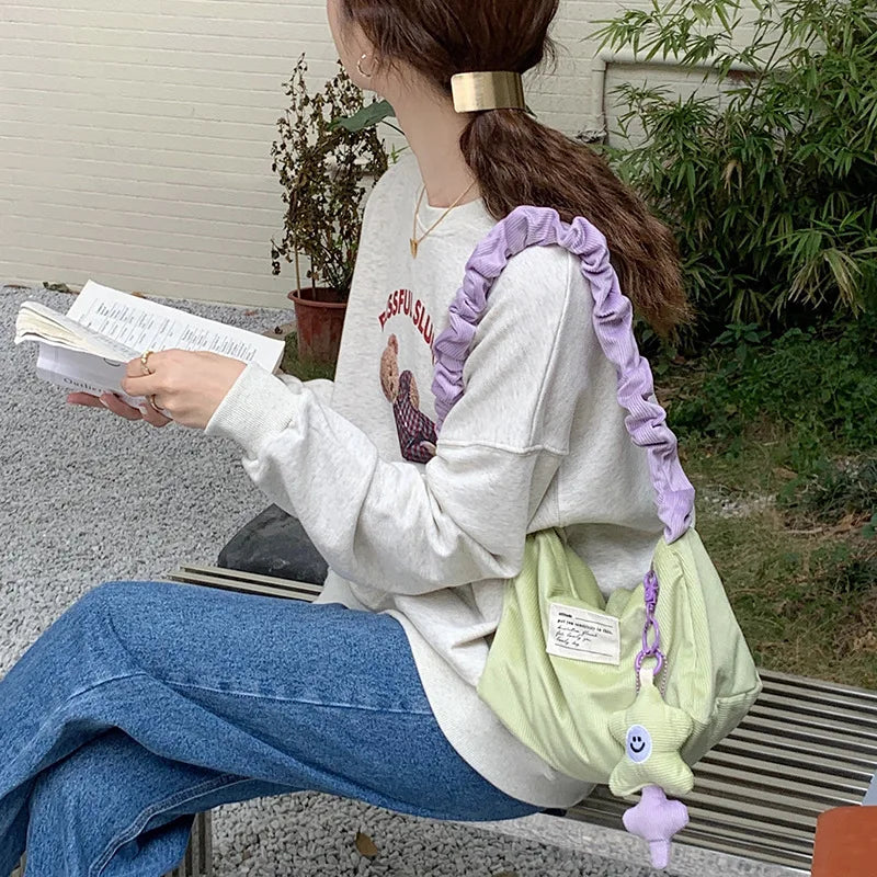 Corduroy Shopper Bag Sweet Frilled Shoulder Strap Hobo Bag