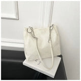 Corduroy Shoulder Bag Metal Ring Chain Handbag Vintage Style