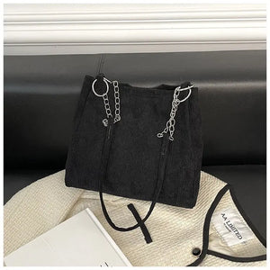 Corduroy Tote Bags Women's Shoulder Handbags Vintage Ring Chain Bags
