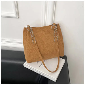 Corduroy Tote Bags Women's Shoulder Handbags Vintage Ring Chain Bags